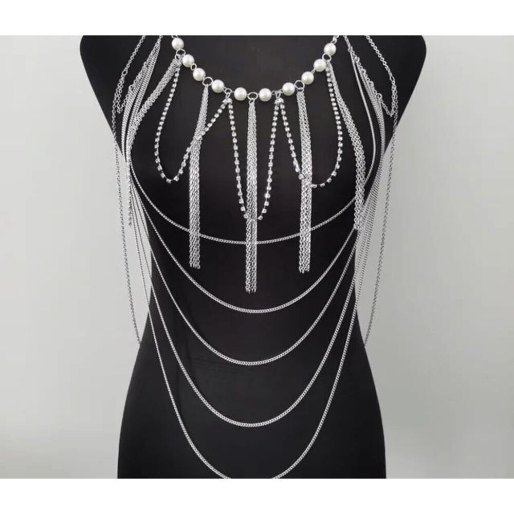 NWOT Gold Pearl and Rhinestone Body Chain Harness - Festival - Burning Man